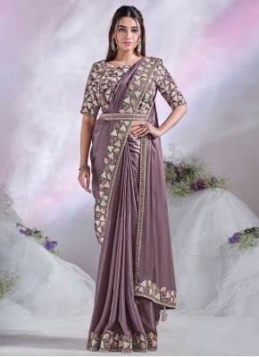 Invigorating Lavender Embroidered Satin Silk Contemporary Saree