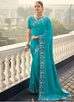 Latest Pure Crepe Embroidered Blue Classic Saree