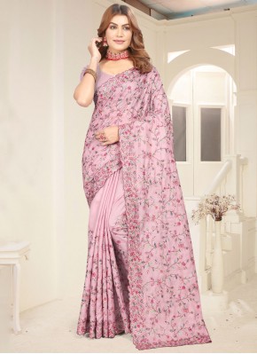 Lavender and Pink Tussar Silk Embroidered Classic Saree