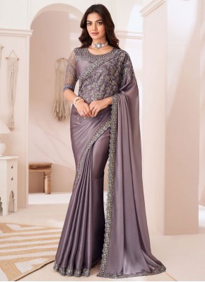 Lavender Georgette Satin Embroidered Classic Saree