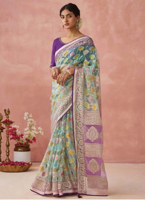 Lavender Print Brasso Traditional Saree