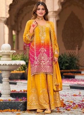 Lavish Chinon Rani and Yellow Designer Salwar Kameez