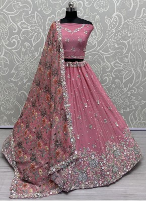 Lehenga Choli Embroidered Chinon in Rose Pink