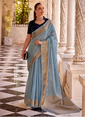 Linen Classic Saree in Aqua Blue