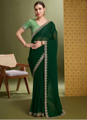 Lively Faux Georgette Green Cutwork Contemporary S