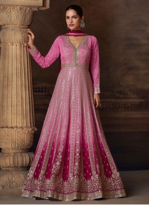 Lovely Zari Pink and Rani Silk Floor Length Gown