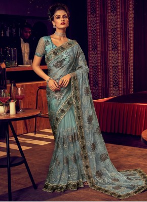 Lycra Sea Green Patchwork Contemporary Saree