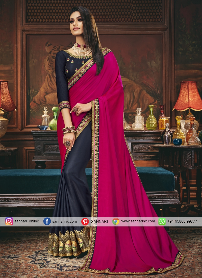 Magenta And Navy Blue Silk Designer Half N Half Saree