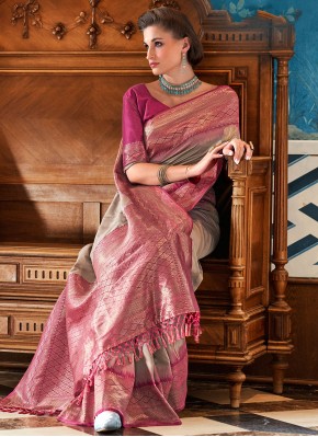 Magnetic Brown and Pink Zari Contemporary Saree