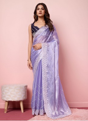 Magnificent Embroidered Lavender Silk Saree