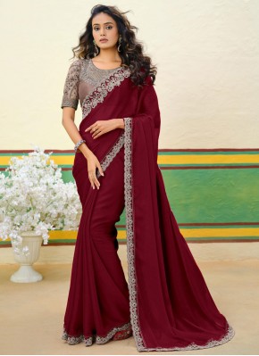 Maroon and Rani Patchwork Shimmer Georgette Contemporary Saree