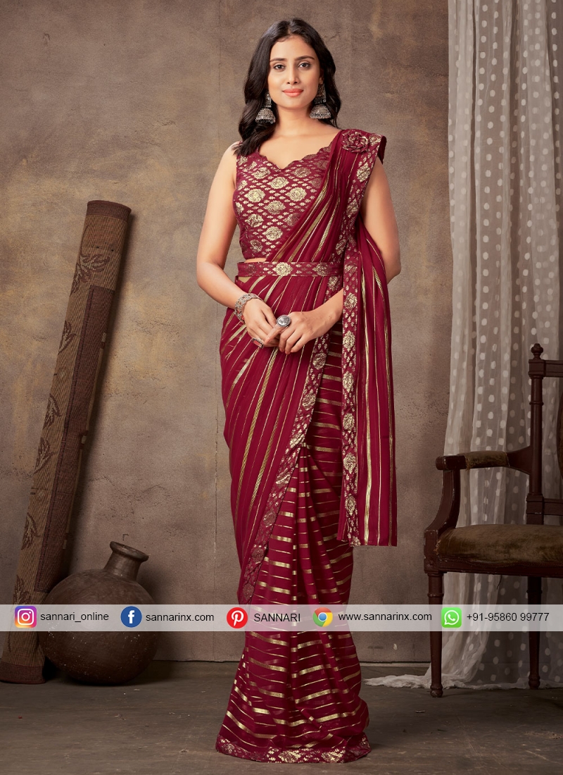 Maroon Color Pure Satin Silk Saree With Blouse for Reception, Wedding  Sangeet Partywear Silk Saree, Bride's Maid Sarees, Pleated Saree - Etsy