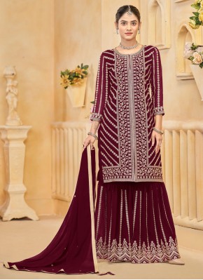 Maroon Faux Georgette Embroidered Palazzo Salwar Suit