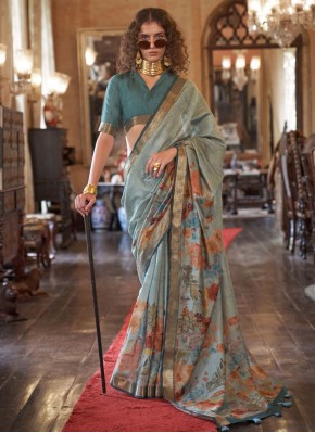 Masterly Digital Print Aqua Blue Contemporary Saree