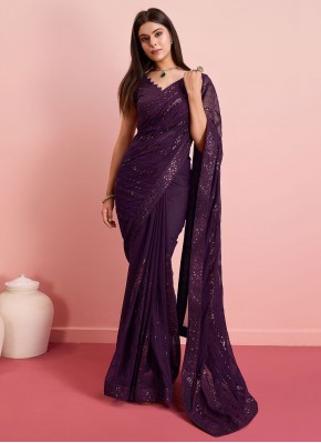 Miraculous Georgette Embroidered Purple Classic Saree