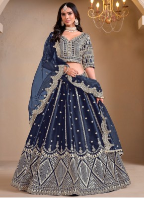 Mirror Art Silk A Line Lehenga Choli in Navy Blue