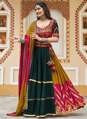 Mirror Rayon Readymade Lehenga Choli in Green and Mustard