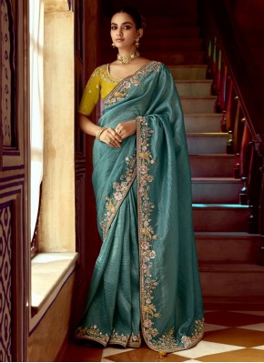 Mod Zari Fancy Fabric Blue and Firozi Traditional Saree