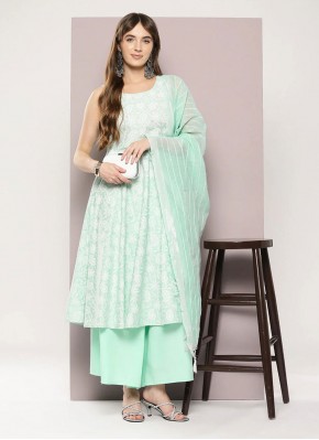 Modish Stripe Print Sea Green Polyester Readymade Salwar Kameez