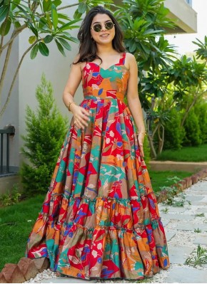 Multi Colour Digital Print Rayon Readymade Gown