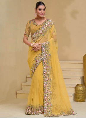 Mustard Banarasi Silk Ceremonial Contemporary Saree