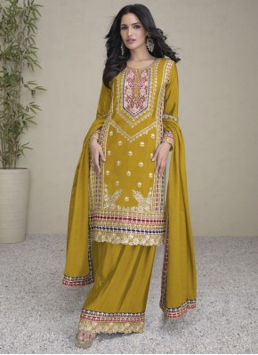 Mustard Chinon Mehndi Trendy Salwar Kameez