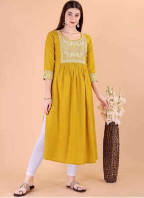 Mustard Embroidered Rayon Party Wear Kurti