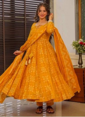 Mustard Maslin Cotton Digital Print Anarkali Salwar Kameez