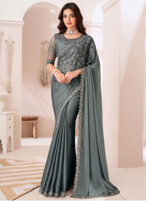 Mystic Georgette Satin Thread Grey Traditional Saree