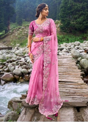 Mystic Organza Embroidered Pink Designer Saree