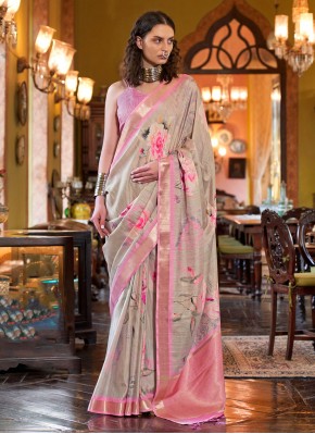 Mystical Digital Print Beige and Pink Banarasi Silk Saree