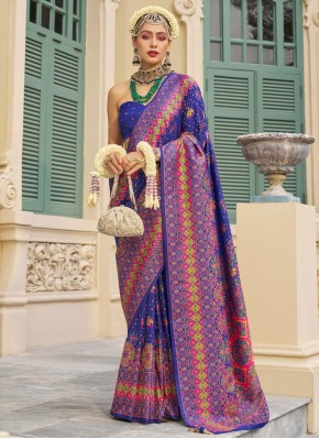 Navy Blue Banarasi Silk Kashmiri Designer Saree