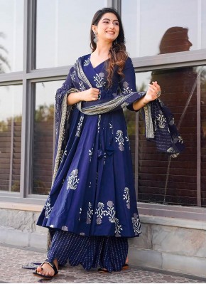 Navy Blue Ceremonial Muslin Long Length Trendy Suit