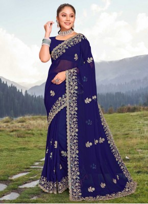 Navy Blue Embroidered Party Designer Saree
