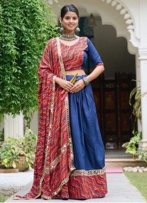 Navy Blue Foil Print Rayon Readymade Lehenga Choli