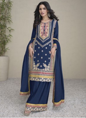 Navy Blue Mehndi Chinon Designer Salwar Kameez