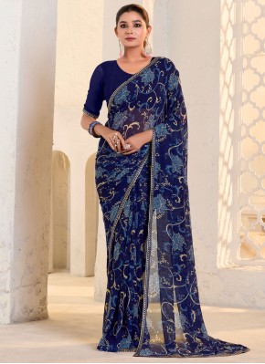 Navy Blue Print Georgette Classic Saree