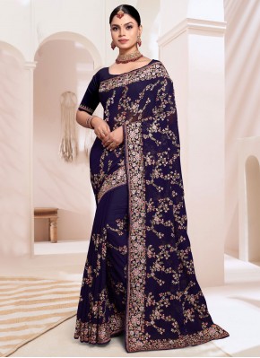 Navy Blue Resham Georgette Designer Saree