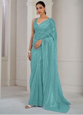 Net Cutdana Trendy Saree in Aqua Blue