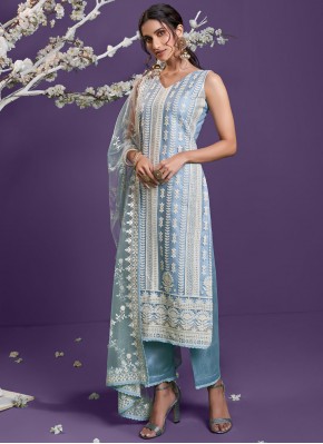 Net Embroidered Designer Straight Suit in Blue