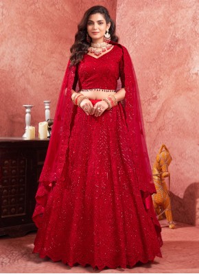 Net Readymade Lehenga Choli in Red