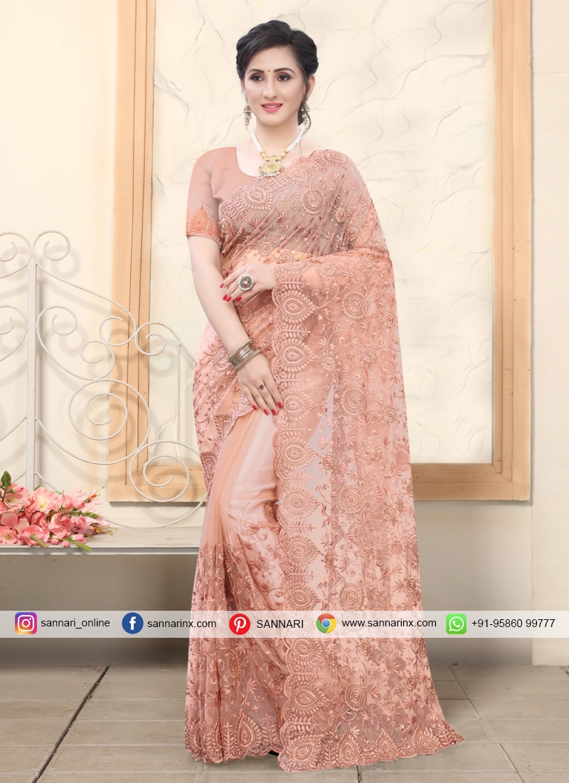 designer peach saree