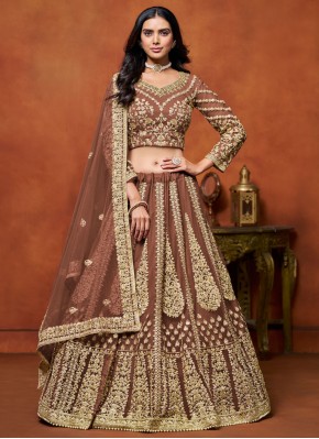 Nice Brown Embroidered Trendy Lehenga Choli