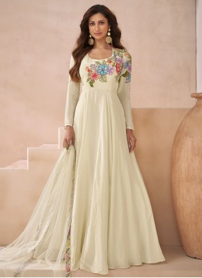 Nice Silk Off White Embroidered Readymade Floor Length Gown