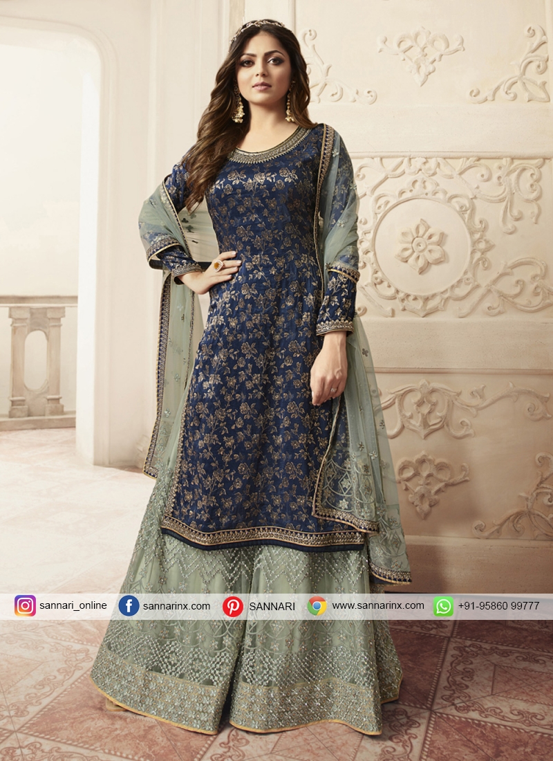 Noble Resham Navy Blue Jacquard Designer Salwar Kameez 