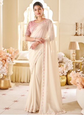 Off White Ceremonial Shimmer Georgette Designer Saree