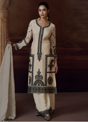 Off White Chinon Embroidered Designer Salwar Kameez