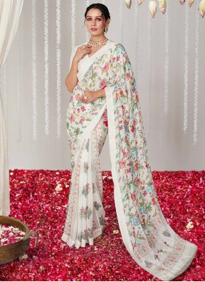 Off White Pure Crepe Traditional Saree