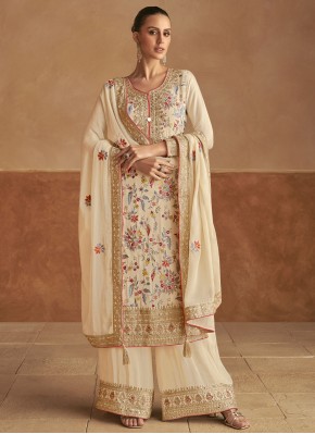 Off White Sangeet Chinon Readymade Salwar Kameez