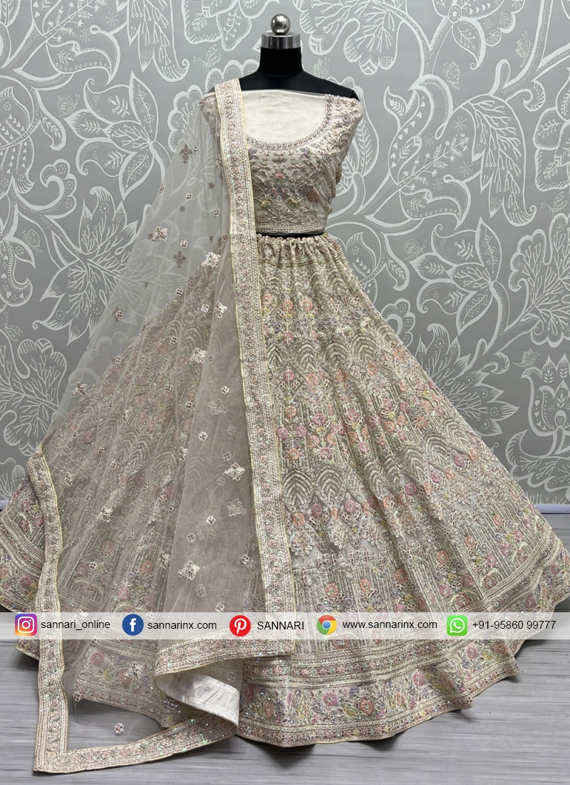 Thread With Sequins Embroidered Work White Color Lehenga Choli